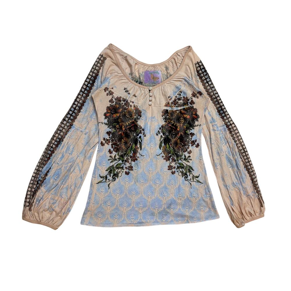 Vintage Y2K Butterfly Dropout Y2K Floral Blouse Top Women's Small Fairy Cottage